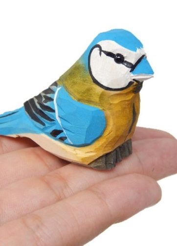 Blue Tit - Wood Figurine Home Decor Handmade Bird Art Carved Statue Small Animals Collectible