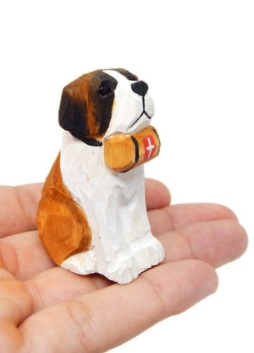Bernard Dog Puppy Figurine - Miniature 2 Inch Wooden Carving Handmade Home Decor Small Animal Garden Statue Toy Pet Loss Memorial