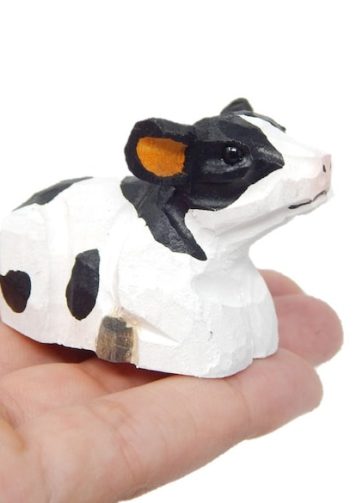 Spotted Cow - Small Wooden Figure - Miniature Farm Barn Animal Toys Hand Carved Home Decor Folk Ornament Cattle Ranch Minifigure