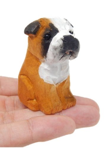 Bulldog - Dog Puppy Figurine - Small 2" Wooden Carving Handmade Decoration Miniature Animals Garden Statue Toy Pet Home Decor