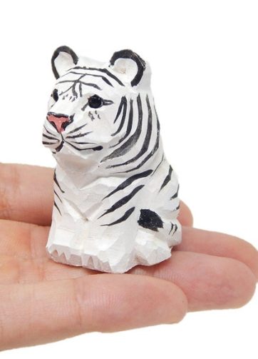 White Tiger Figurine Decoration Wooden Statue Snow Bleached Albino Art Cat Bengal Striped Miniature Carved Small Animal Sculpture