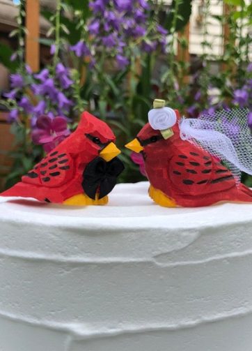 Cardinal Red Love Bird Cake Topper Bride & Groom Wedding Carved Wood
