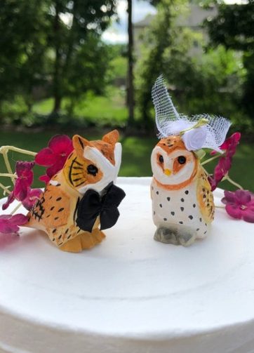 Owl Barn Horned Love Bird Cake Topper Bride & Groom Wedding Engagement Anniversary Carved Wood Statue