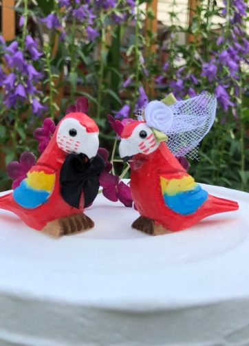 Scarlet Macaw Bird Cake Topper Bride & Groom Wedding Engagement Anniversary Carved Wood Parrot Statue