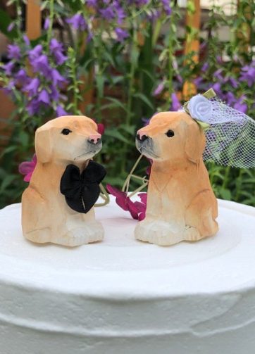 Labrador Retriever Dog Puppy Cake Topper Bride & Groom Wedding Engagement Anniversary Carved Wood Pet Statue