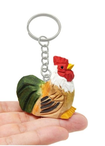 Rooster Chicken Keychain Ring Clip Charm Farm Bird Miniature Wood Mini Figurine Small Animal