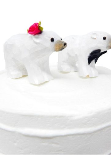 Polar Bear Cake Topper Wedding Bride & Groom Engagement Anniversary Carved Wood White Statue
