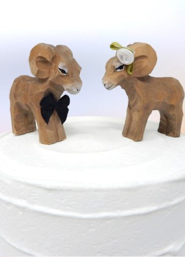 Big Horn Ram Cake Topper Bride & Groom Love Wedding Engagement Anniversary Carved Wood Statue