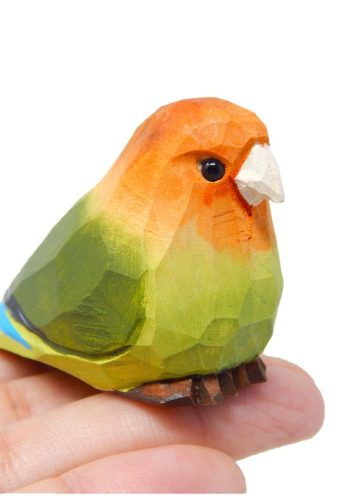 Lovebird Wood Figurine Parrot Statue Sculpture Ornament Decor Miniature Art Carve Small Animal