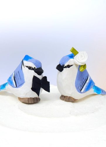 Blue Jay Bird Cake Topper Bride & Groom Love Wedding Engagement Anniversary Carved Wood Statue