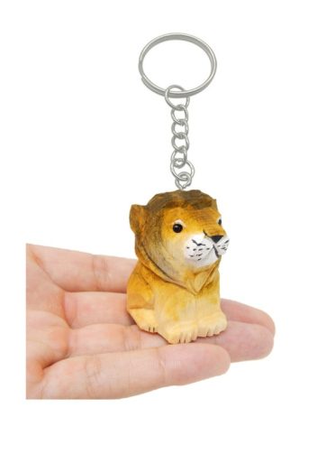 Lion Keychain Ring Hook Clip Charm Miniature Wood Mini Figurine Small Animal Male Mane Big Cat King Feline