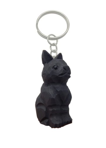Black Cat Keychain Ring Hook Clip Charm Miniature Wood Mini Figurine Small Animal