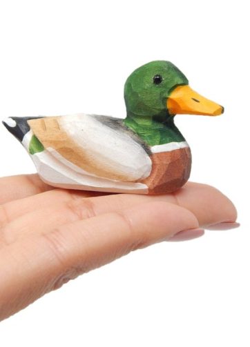 Mallard Wooden Duck Figurine - Drake Male Miniature Bird Statue Green Head Handmade Carving Home Decor Decoration Decoy Small Animals