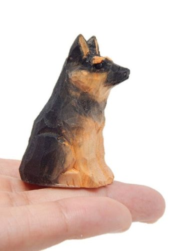 German Shepherd Handmade Wood Figurine - Dog Puppy Small Animal Carving Statue Decoration
