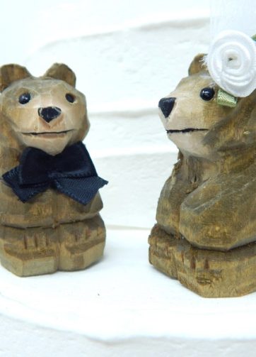 Brown Bear Cake Topper Bride & Groom Love Wedding Engagement Anniversary Carved Wood Statue