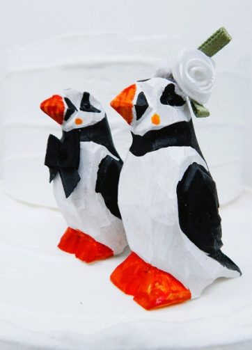 Puffin Wedding Cake Topper Love Birds Bride Groom Engagement Anniversary Carved Wood Statue