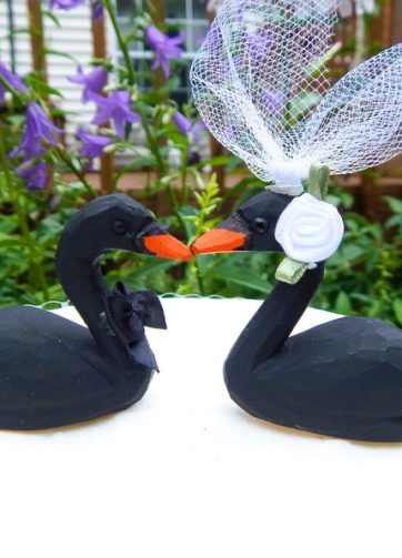 Black Swan Wedding Cake Topper Love Birds Bride Groom Engagement Anniversary Carved Wood Statue