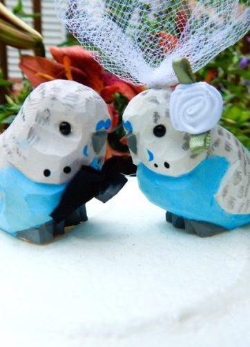 Parakeet Wedding Cake Topper Love Birds Budgie Bride Groom Engagement Anniversary Carved Wood Statue