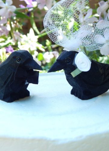 Raven Crow Black Birds Cake Topper Bride & Groom Wedding Engagement Anniversary Carved Wood Statue