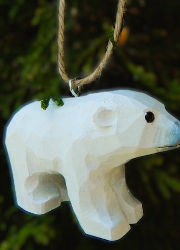 White Polar Bear Ornament Wood Hanging Figurine Holiday Decoration Handmade Carving Small Animal