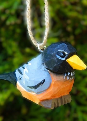 Robin Bird Ornament Wood Hanging Figurine Holiday Decoration Handmade Carving Small Animal