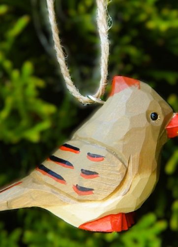 Female Cardinal Wood Ornament Hanging Red Bird Figure Handmade Carved Decoration