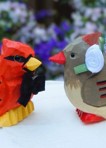 Cardinal Love Red Birds Cake Topper Bride & Groom Wedding Engagement Anniversary Carved Wood Statue