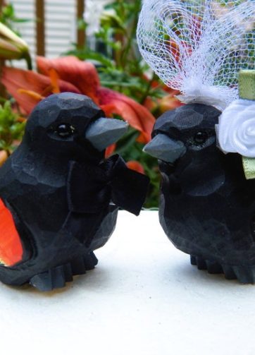 Red-Winged Blackbird Wedding Cake Topper Love Birds Bride Groom Engagement Anniversary Carved Wood Statue