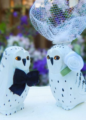 Snow Owl White Birds Cake Topper Bride & Groom Wedding Engagement Anniversary Carved Wood Statue
