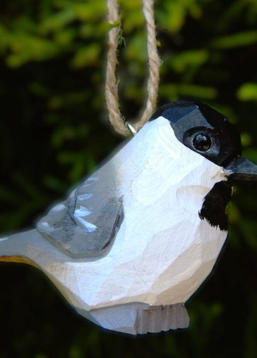 Chickadee Ornament Wood Bird Hanging Figurine Handmade Carved Decoration