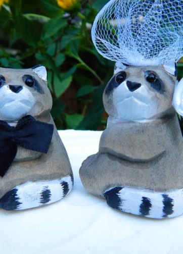 Raccoon Wedding Cake Topper Elegant Handmade Bride & Groom Engagement Anniversary Carved Wood Statue