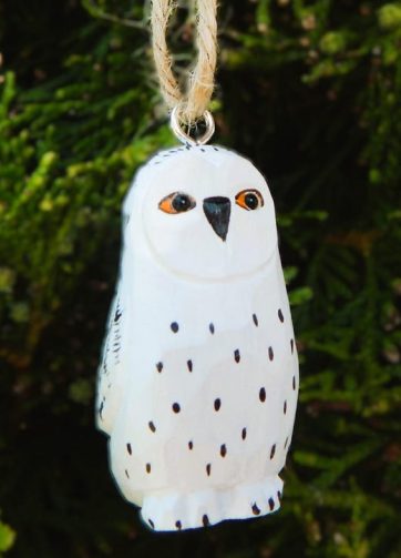 Snowy White Owl Ornament Handmade Wooden Hanging Decor Rustic Carving Figurine Fake Decoy Great Spotted Bird