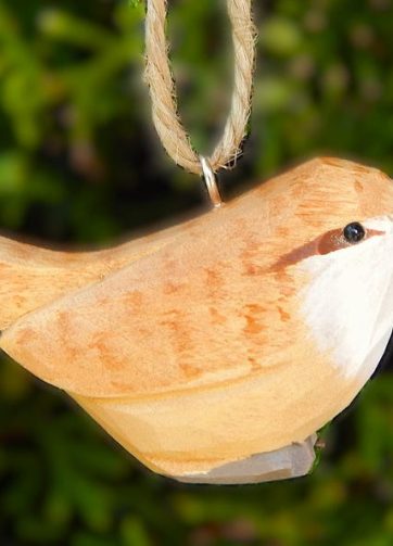 Wren Bird Wood Ornament Hanging Figurine Handmade Carved Decoration