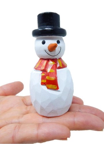 Handmade Wooden Snowman Figurine, 3" Small Standing Christmas Decor Tabletop Carved Statue Sculpture