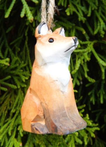 Fox Ornament Wood Hanging Figurine Holiday Cabin Decor Handmade Carving Small Animal