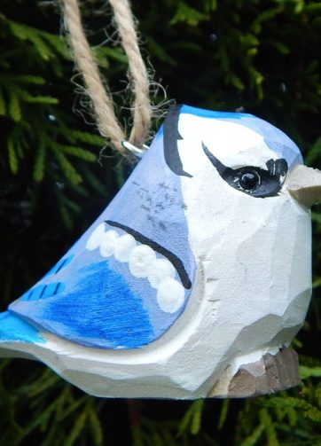 Blue Jay Bird Wood Ornament Hanging Figurine Handmade Carved Decoration Crested Jaybird