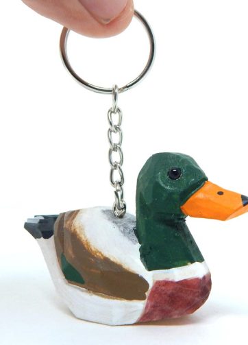 Mallard Duck Keychain Ring Hook Clip Charm Miniature Wood Mini Figurine Small Animal