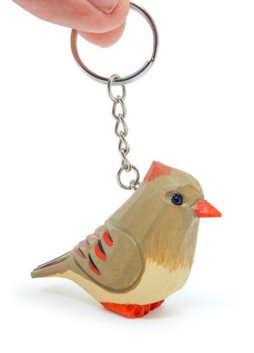 Female Cardinal Red Bird Keychain Ring Hook Clip Charm Miniature Wood Mini Figurine Small Animal