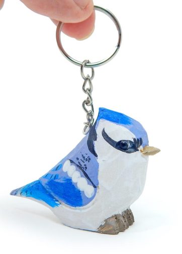 Blue Jay Keychain Ring Hook Clip Crested Jaybird Bird Charm Miniature Wood Mini Figurine Small Animal