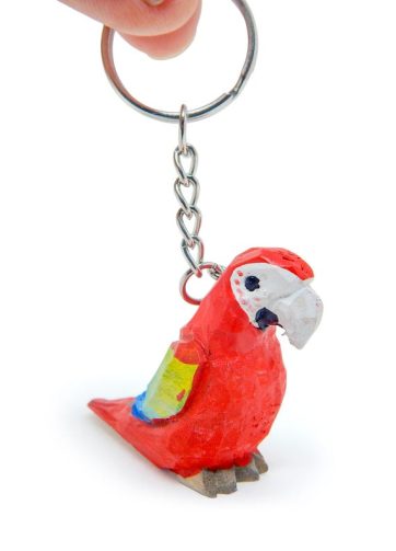 Scarlet Macaw Handmade Keychain Ring Hook Clip Charm Miniature Wood Mini Figurine Small Animal Red Parrot
