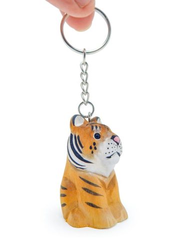 Tiger Keychain Ring Clip Charm Miniature Cat Bengal Striped Wood Mini Figurine Small Animal