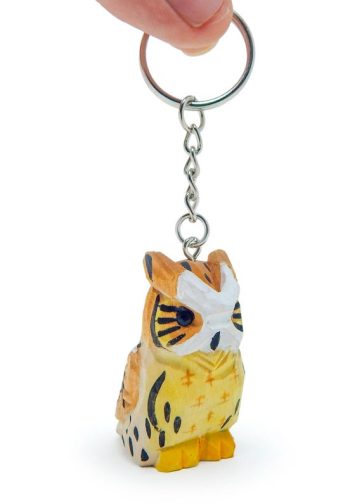 Great Horned Owl Keychain Ring Hook Clip Charm Farm Bird Miniature Wood Mini Figurine Small Animal