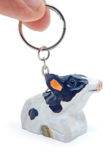 Cow Keychain Ring Hook Clip Charm Miniature Wood Mini Figurine Small Animal