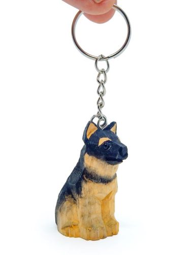 German Shephard Dog Puppy Pet Keychain Ring Clip Charm Miniature Wood Mini Figurine Small Animal
