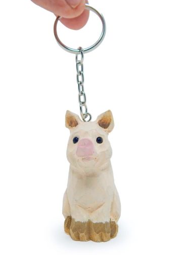 Pig Keychain Ring Hook Clip Small Farm Animal Charm Miniature Wood Figurine