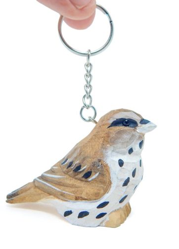 Sparrow Brown Bird Keychain Ring Hook Clip Charm Miniature Wood Mini Figurine Small Animal