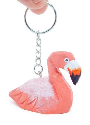 Pink Flamingo Bird Keychain Ring Hook Clip Charm Miniature Wood Mini Figurine Small Animal