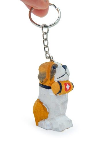Bernard Dog Puppy Keychain Ring Hook Clip Charm Miniature Wood Mini Figurine Small Animal
