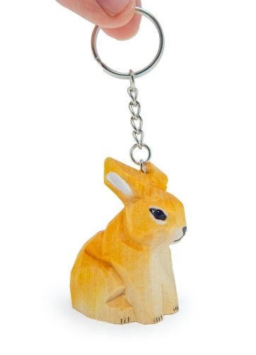 Brown Rabbit Bunny Keychain Ring Hook Clip Charm Miniature Wood Mini Figurine Small Animal