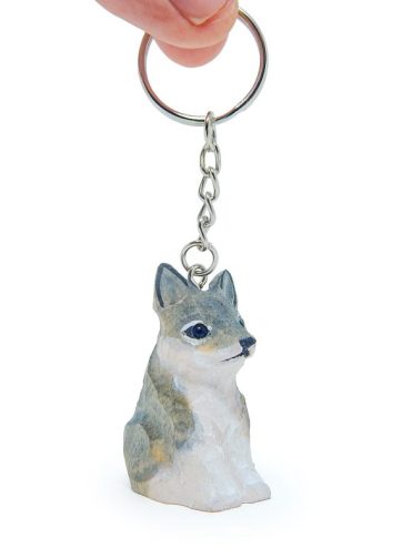 Wolf Keychain Ring Clip Charm Miniature Wood Mini Figurine Small Animal